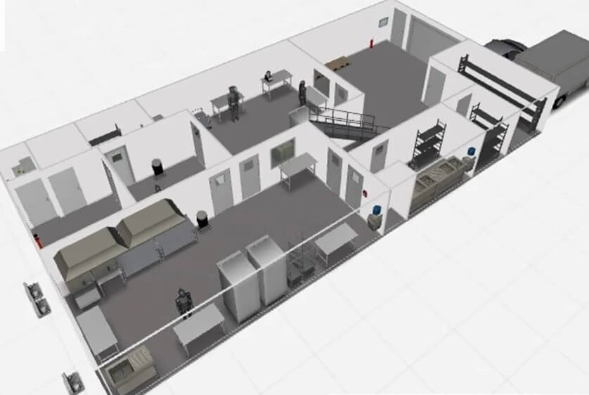 Visuel 3D du plan de cuisine professionnelle marche en avant
