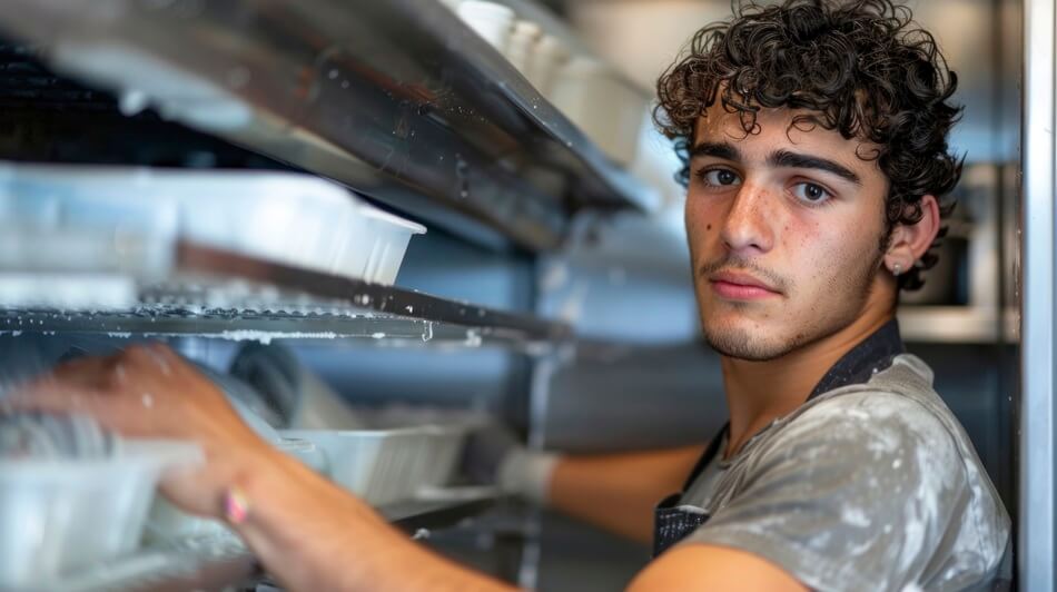 Jeune homme lavant vaisselle dans cuisine professionnelle